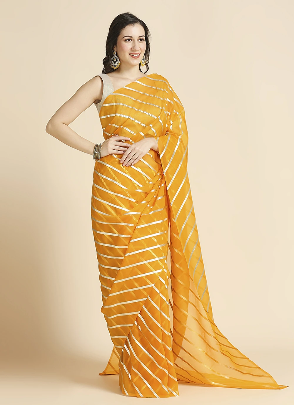Yellow Color Organza Chiffon Leheriya Print Saree With Blouse — view 3