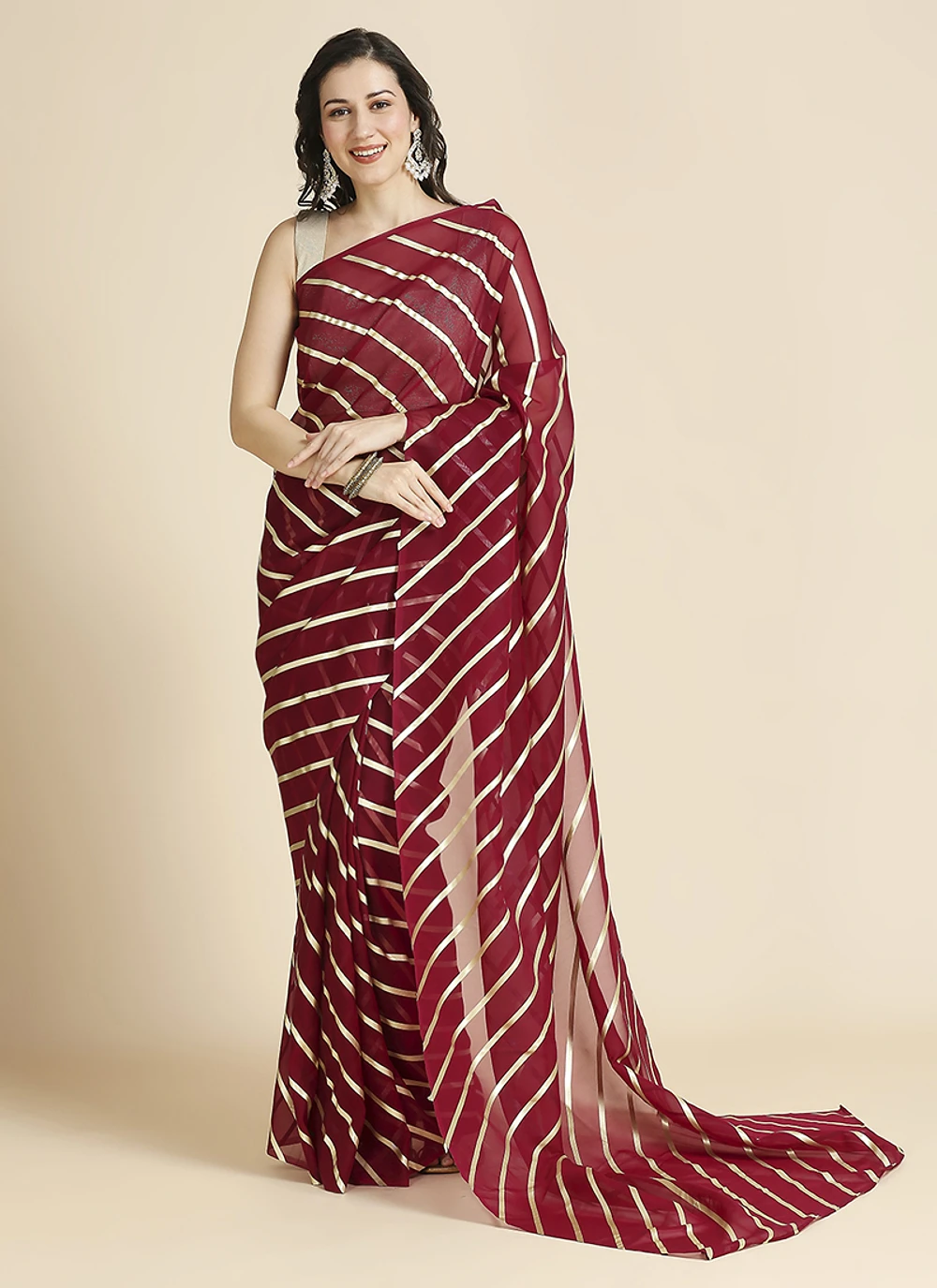 Maroon Color Organza Chiffon Leheriya Print Saree With Blouse — view 1
