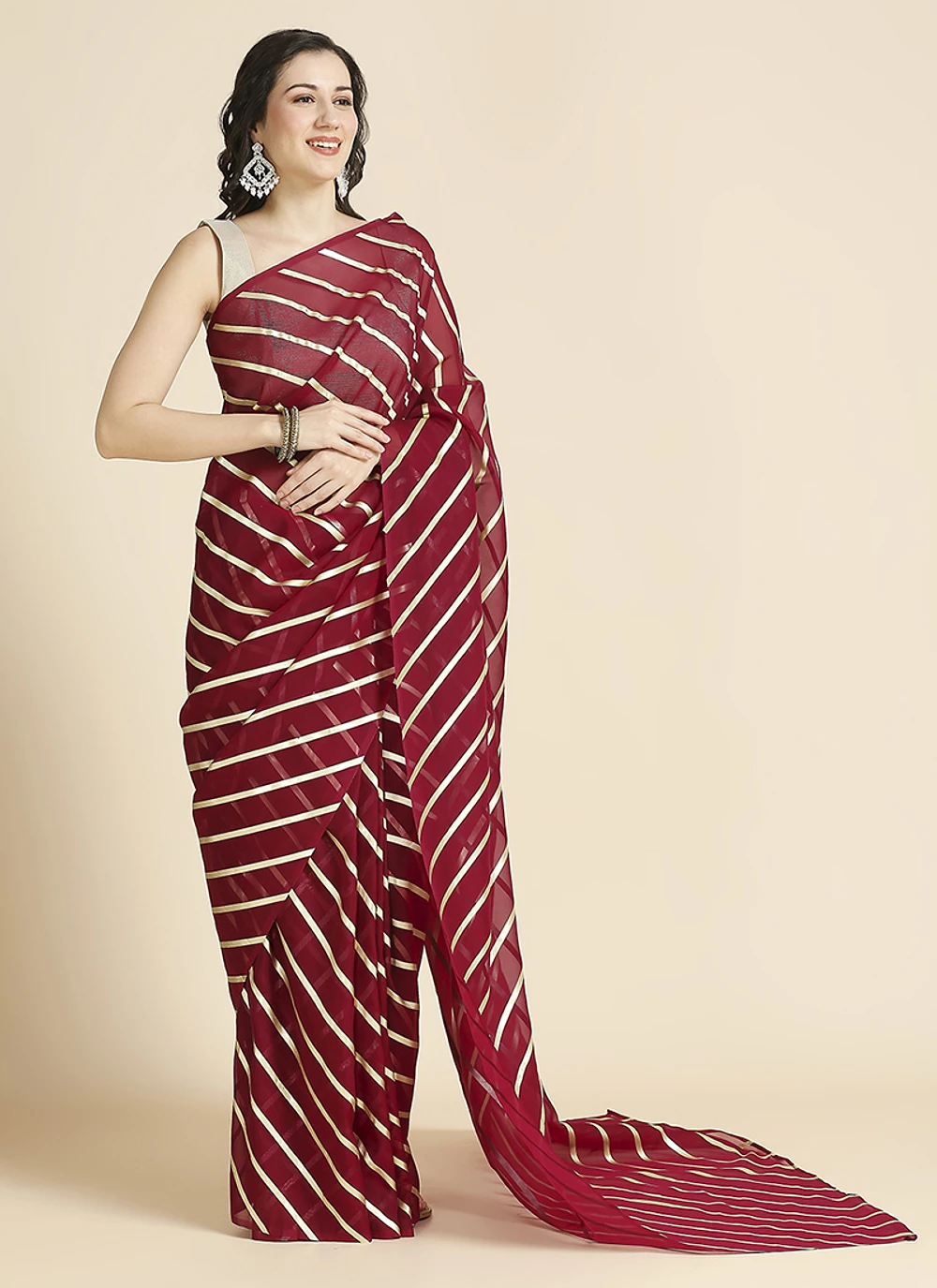 Maroon Color Organza Chiffon Leheriya Print Saree With Blouse — view 3