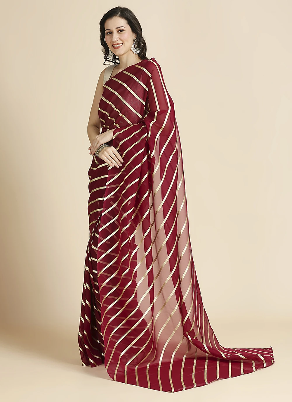 Maroon Color Organza Chiffon Leheriya Print Saree With Blouse — view 2