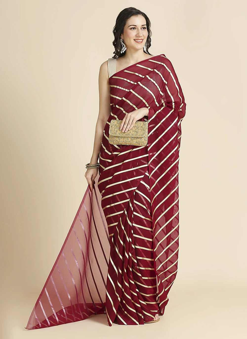 Maroon Color Organza Chiffon Leheriya Print Saree With Blouse — view 6