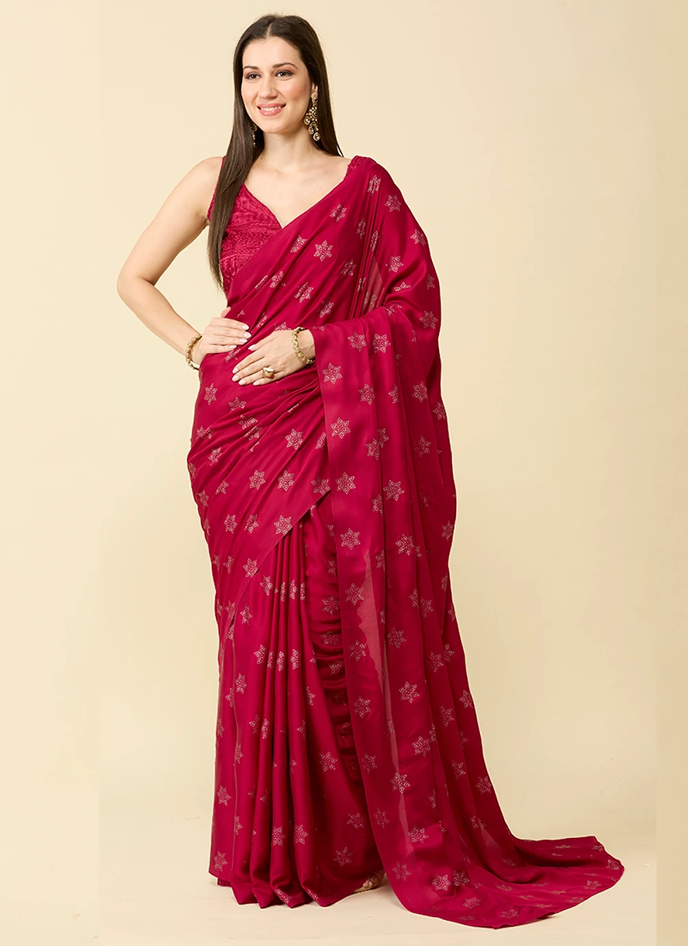 Deep Red Embellished Schiffli Pure Chiffon Saree — view 1
