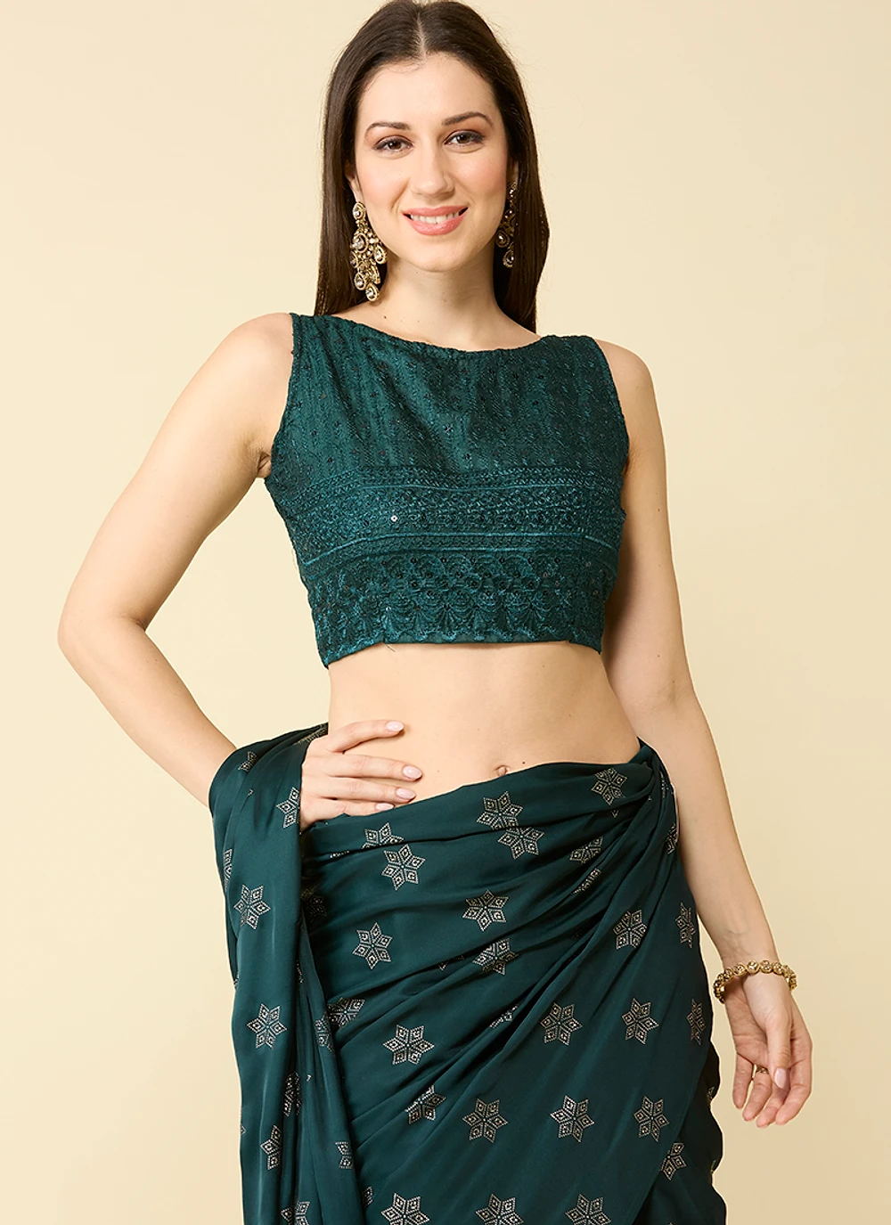 Bottle Green Embellished Schiffli Pure Chiffon Saree — view 2