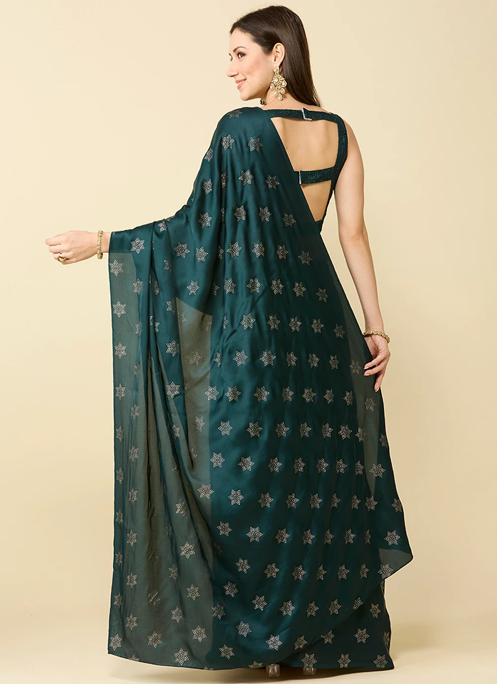 Bottle Green Embellished Schiffli Pure Chiffon Saree — view 5