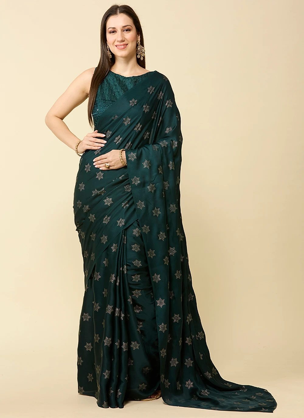 Bottle Green Embellished Schiffli Pure Chiffon Saree — view 1