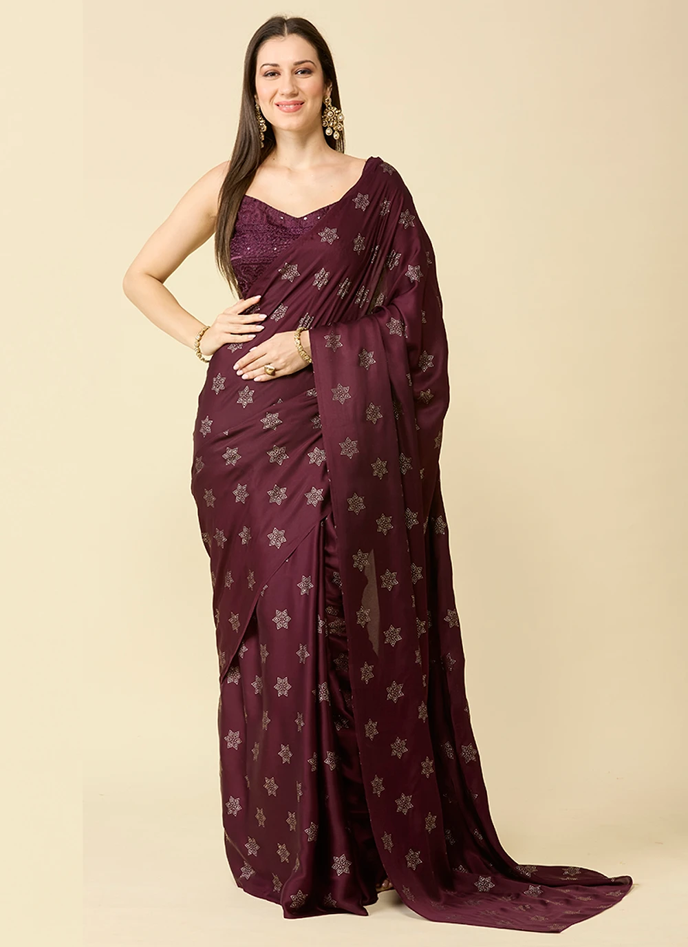 Brown Embellished Schiffli Pure Chiffon Saree — view 1