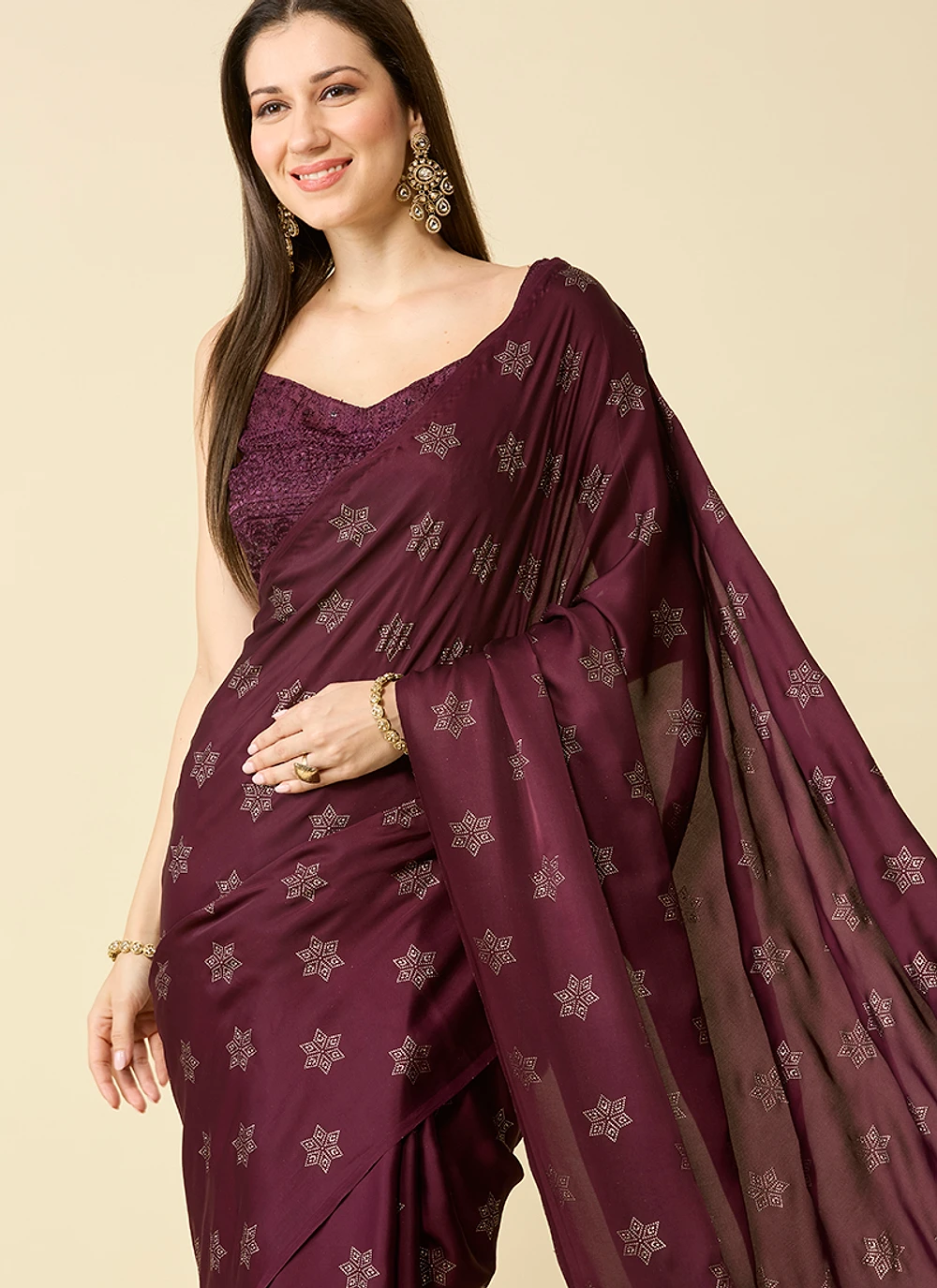 Brown Embellished Schiffli Pure Chiffon Saree — view 3