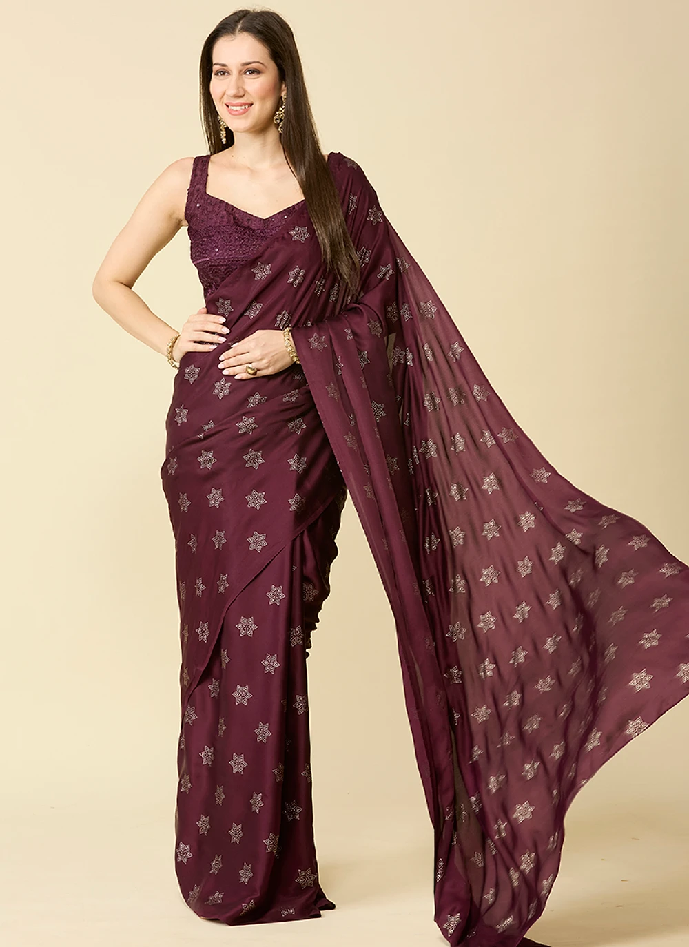 Brown Embellished Schiffli Pure Chiffon Saree — view 2