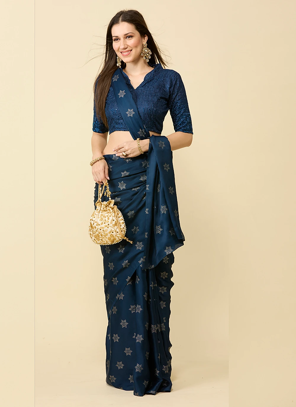 Navy Blue Embellished Schiffli Pure Chiffon Saree — view 1