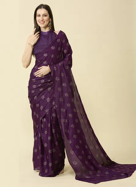 Wine Embellished Schiffli Pure Chiffon Saree