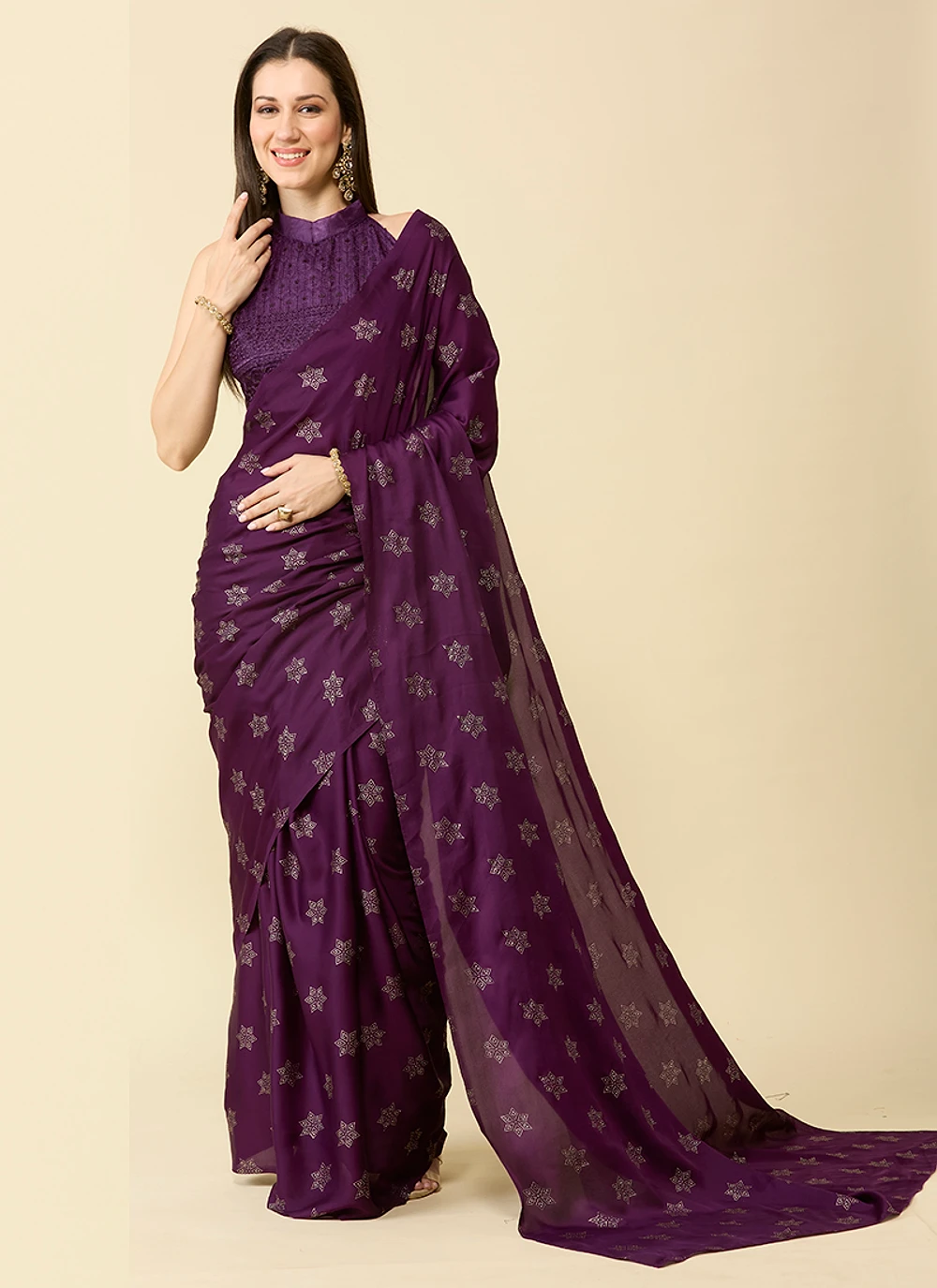 Wine Embellished Schiffli Pure Chiffon Saree — view 1