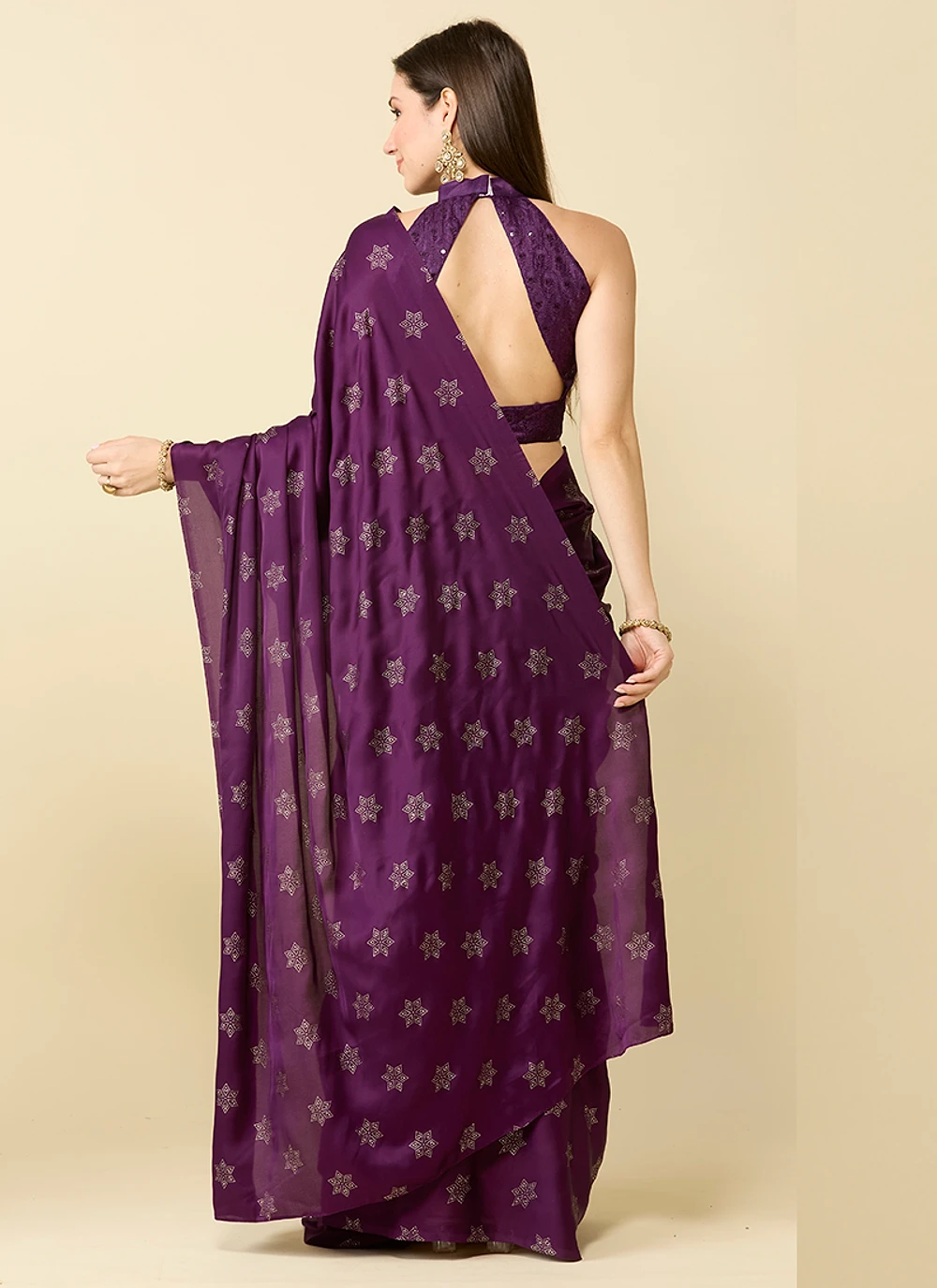Wine Embellished Schiffli Pure Chiffon Saree — view 6