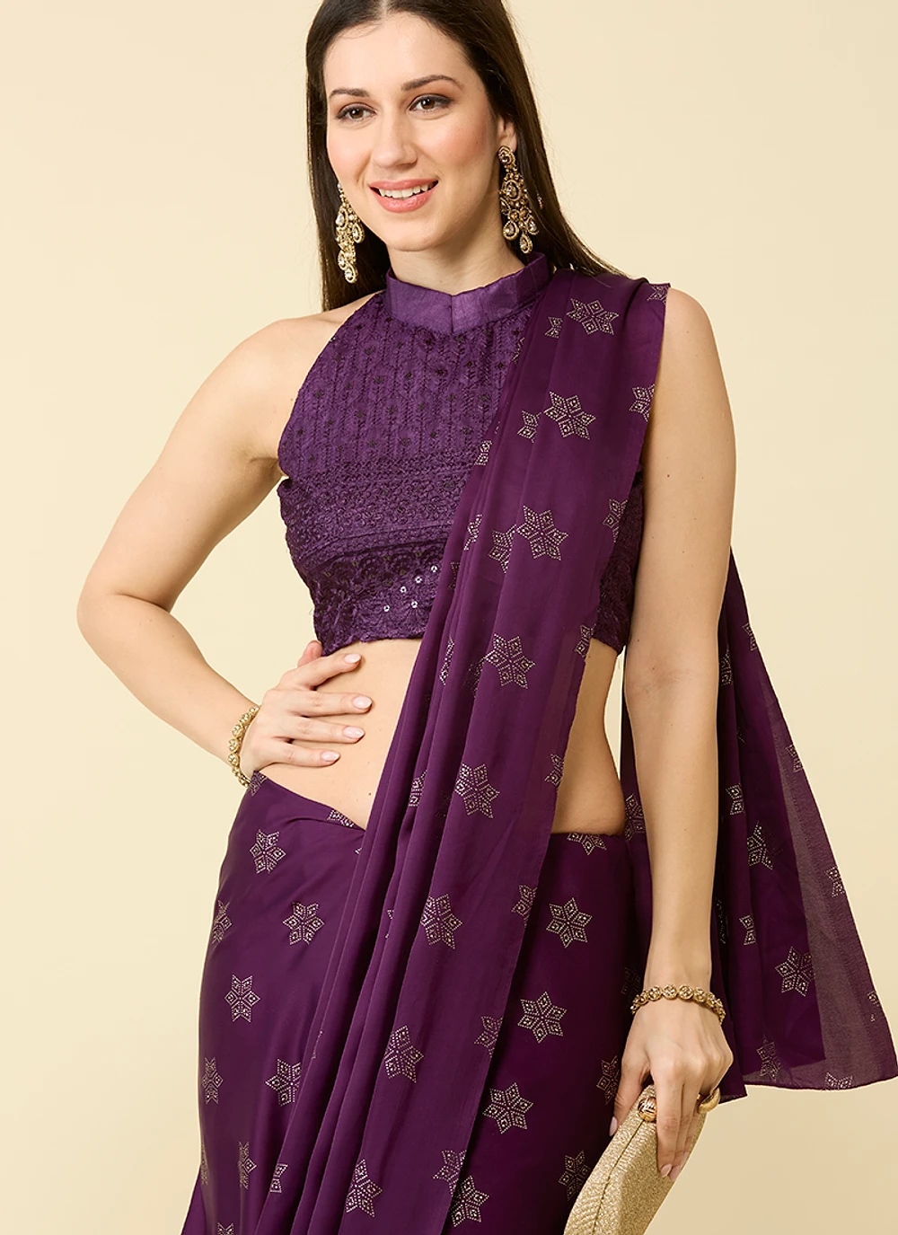 Wine Embellished Schiffli Pure Chiffon Saree — view 3