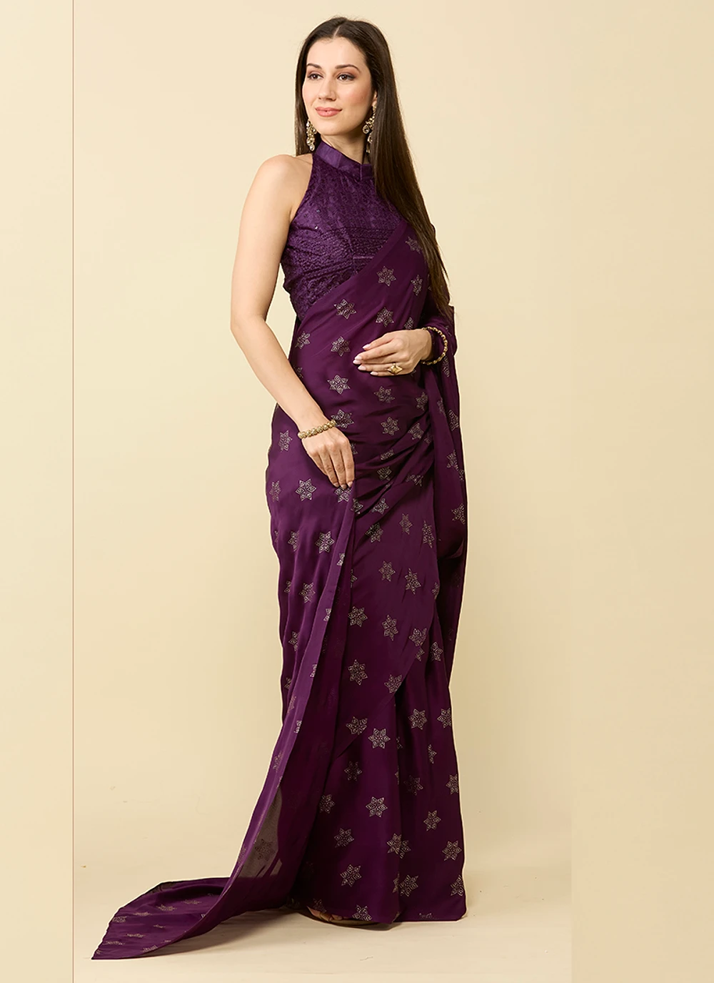 Wine Embellished Schiffli Pure Chiffon Saree — view 2