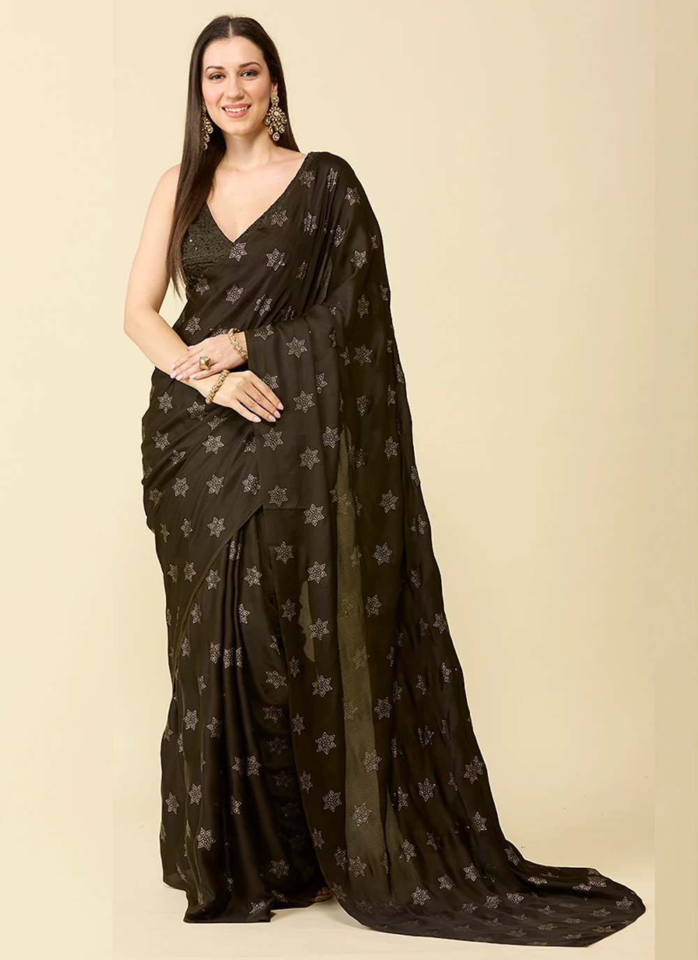 Deep Olive Green Embellished Schiffli Pure Chiffon Saree — view 1