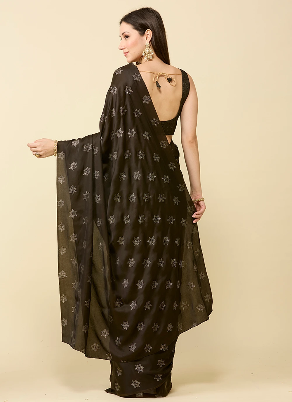 Deep Olive Green Embellished Schiffli Pure Chiffon Saree — view 6
