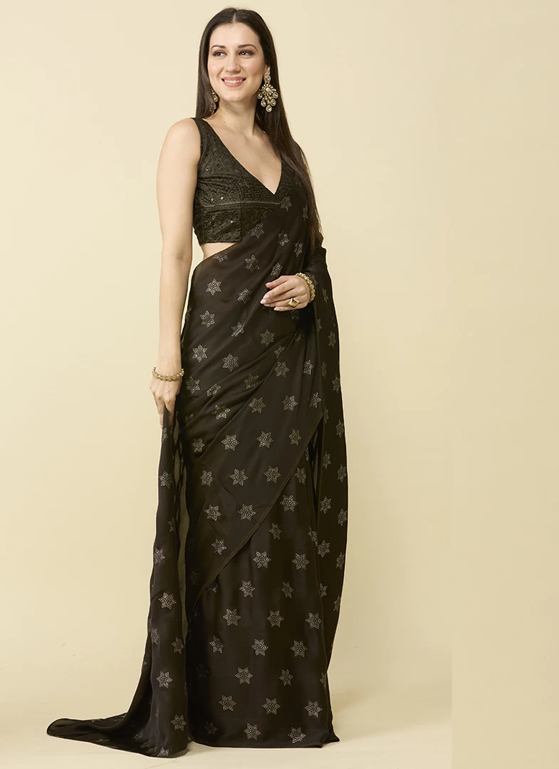 Deep Olive Green Embellished Schiffli Pure Chiffon Saree