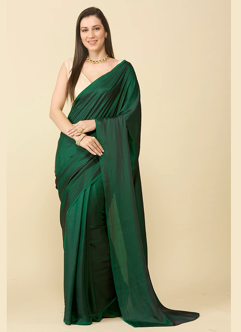 Bottle green satin silk saree and unstitched blouse piece — view 1