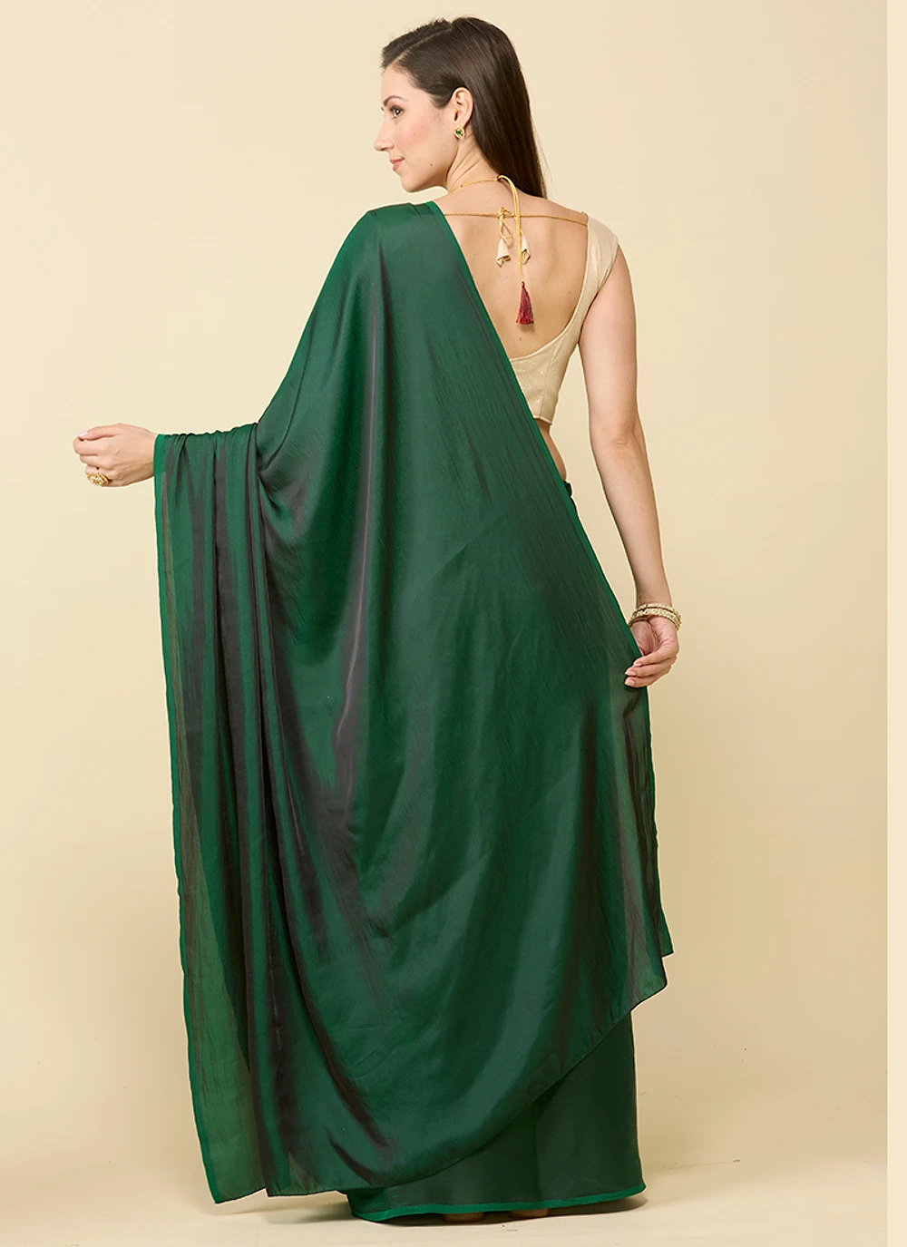 Bottle green satin silk saree and unstitched blouse piece — view 3