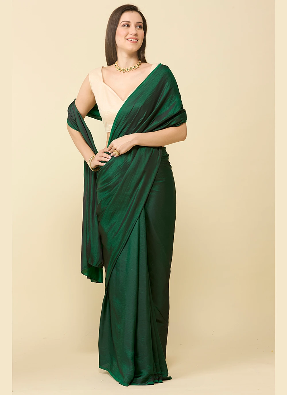 Bottle green satin silk saree and unstitched blouse piece — view 2