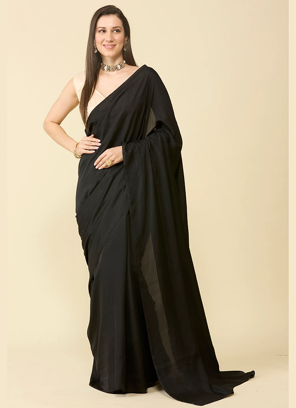Black satin silk saree and unstitched blouse piece — view 1