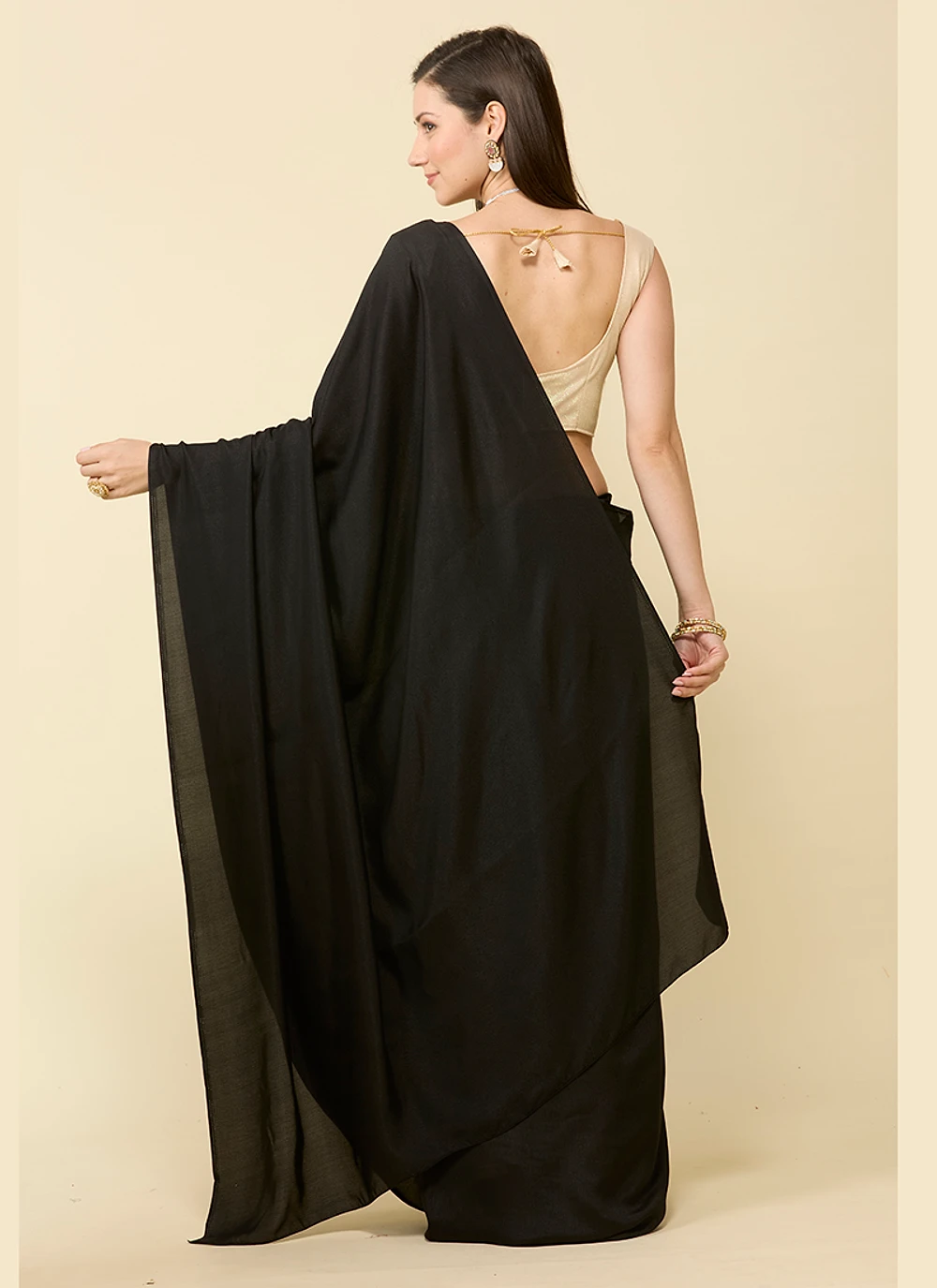 Black satin silk saree and unstitched blouse piece — view 3