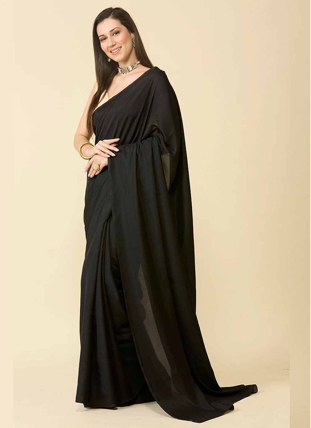 Black satin silk saree and unstitched blouse piece — view 2
