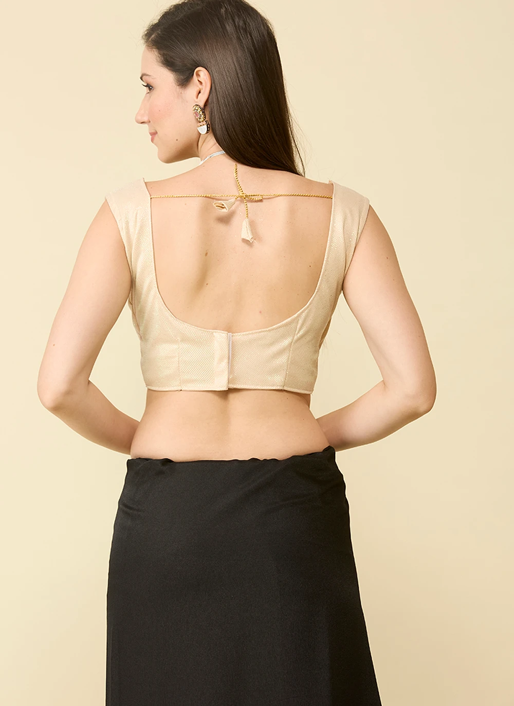 Black satin silk saree and unstitched blouse piece — view 5