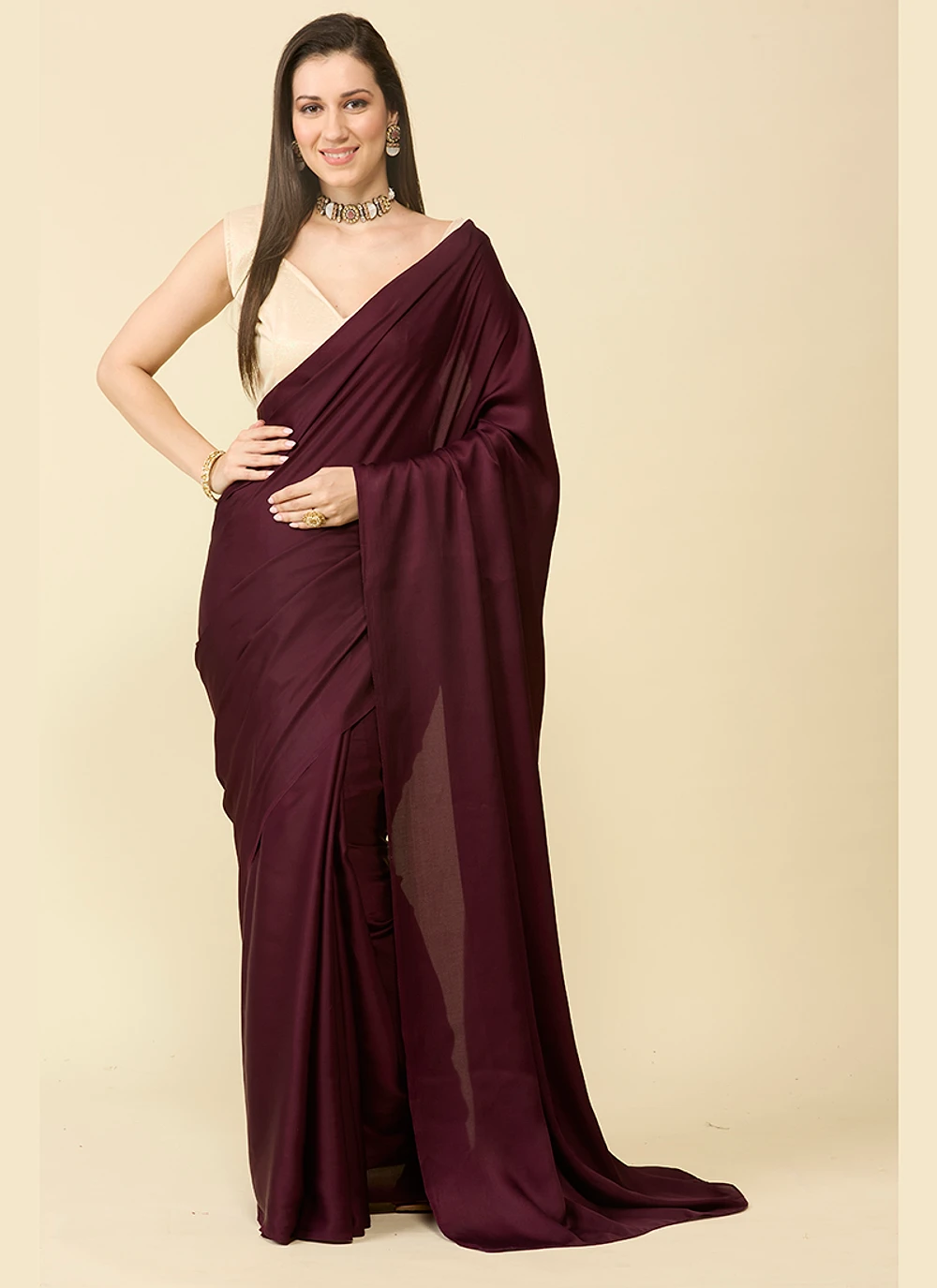 Wine Maroon satin silk saree and unstitched blouse piece — view 1