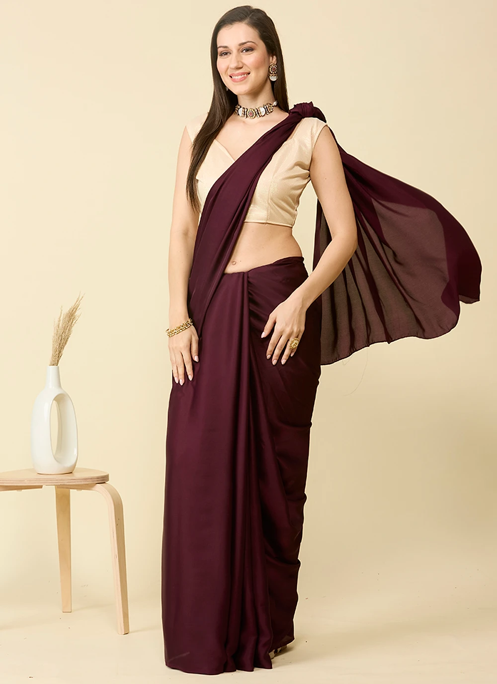 Wine Maroon satin silk saree and unstitched blouse piece — view 3