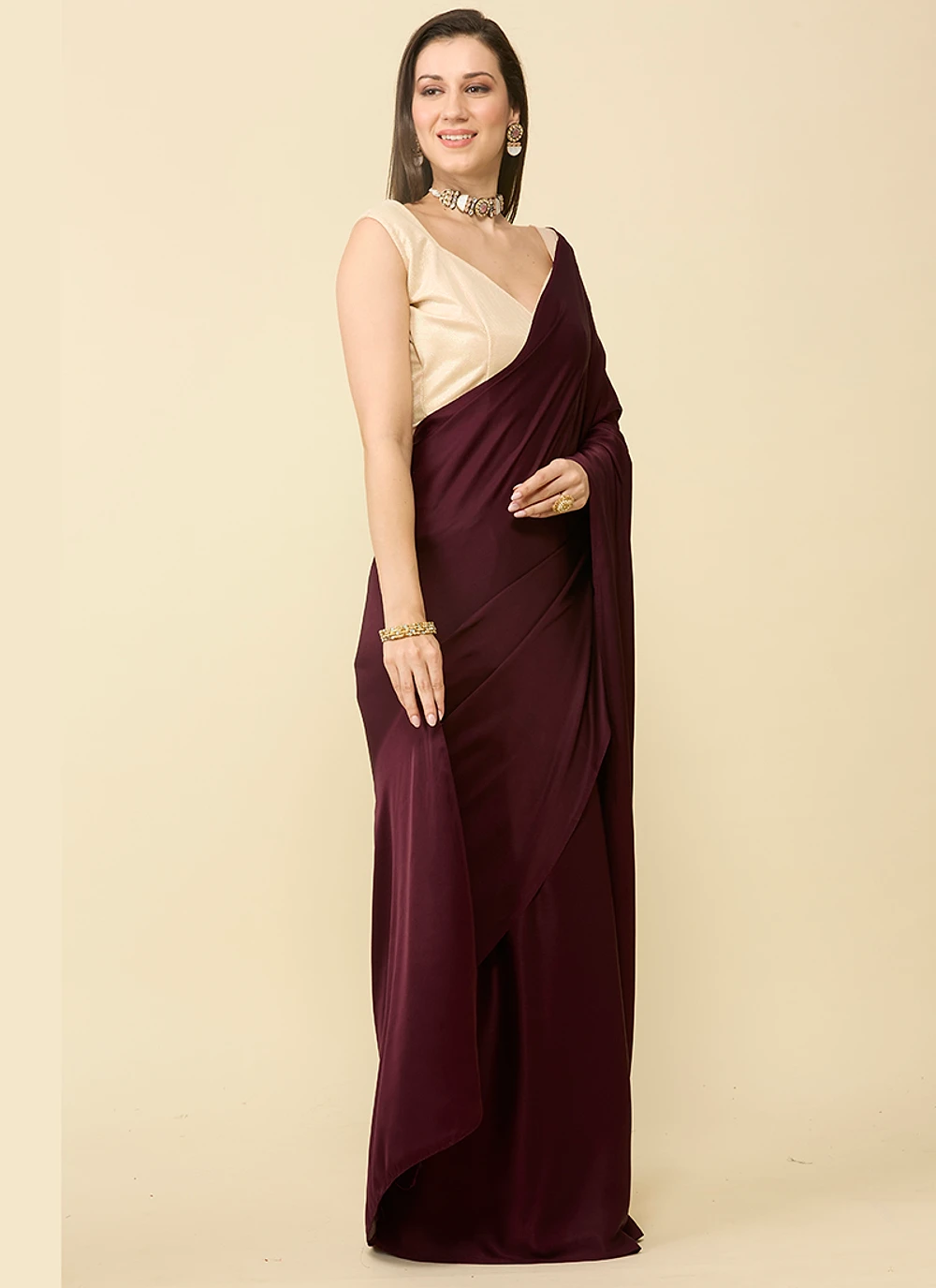 Wine Maroon satin silk saree and unstitched blouse piece — view 2