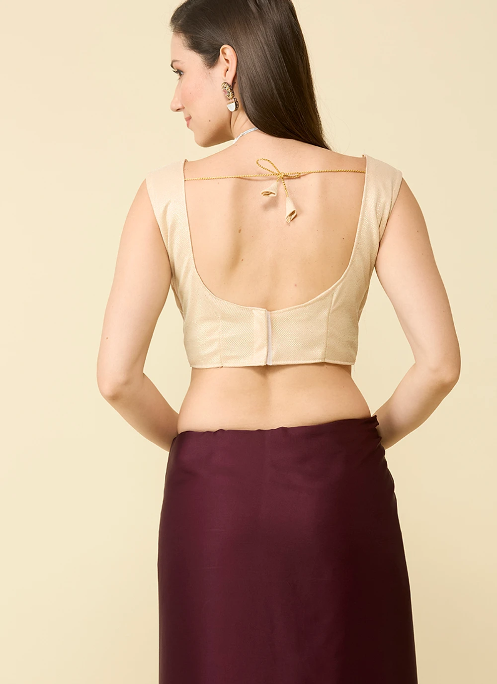 Wine Maroon satin silk saree and unstitched blouse piece — view 5