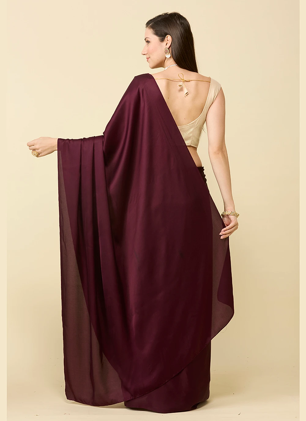 Wine Maroon satin silk saree and unstitched blouse piece — view 6
