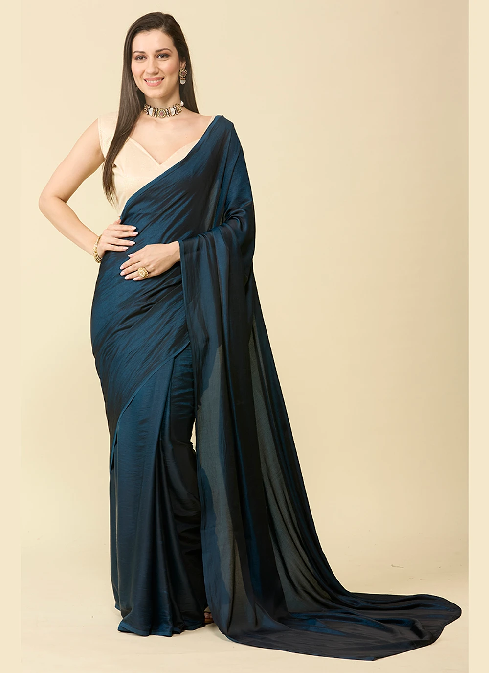 Deep Blue satin silk saree and unstitched blouse piece — view 1