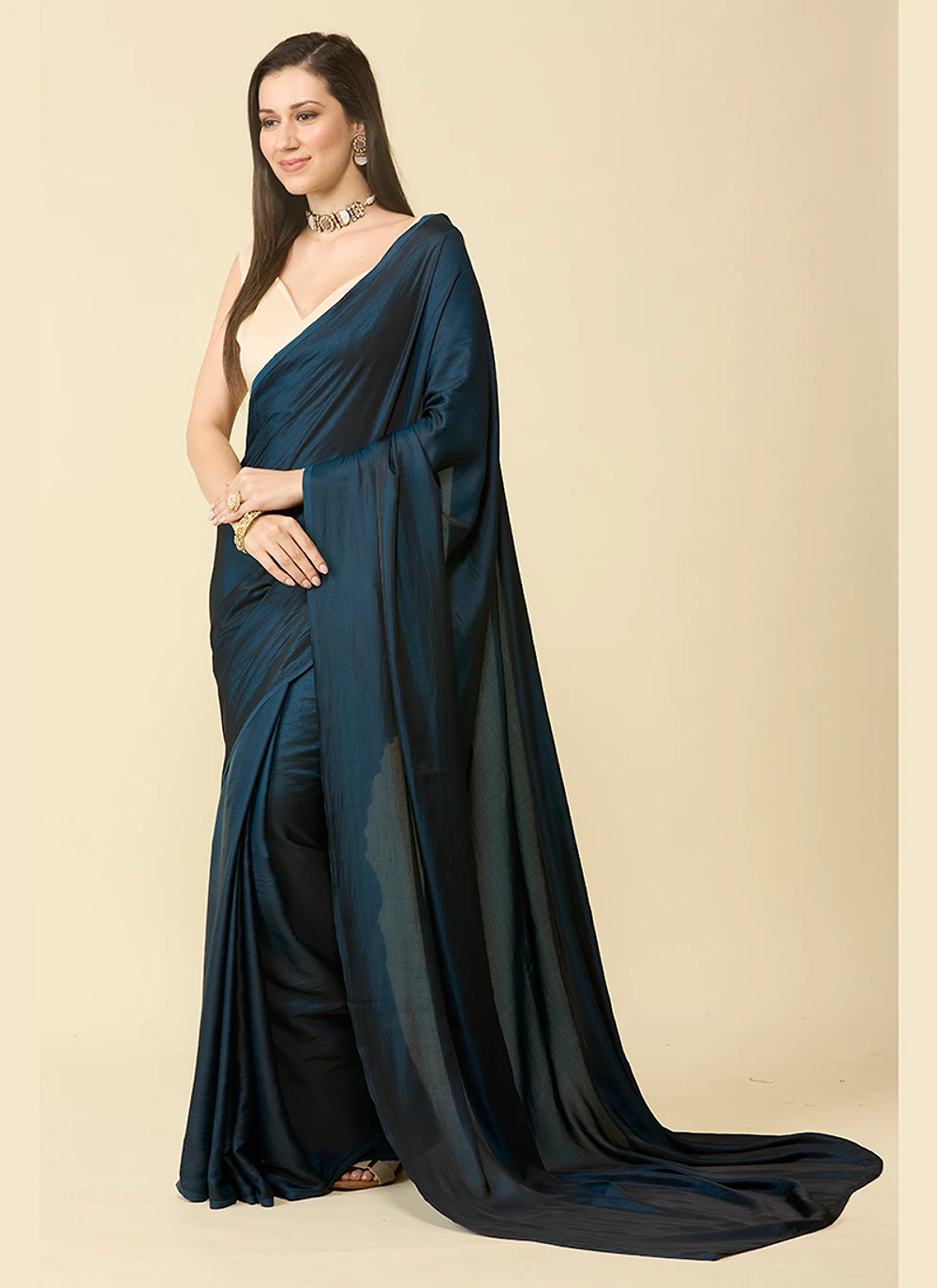 Deep Blue satin silk saree and unstitched blouse piece — view 2