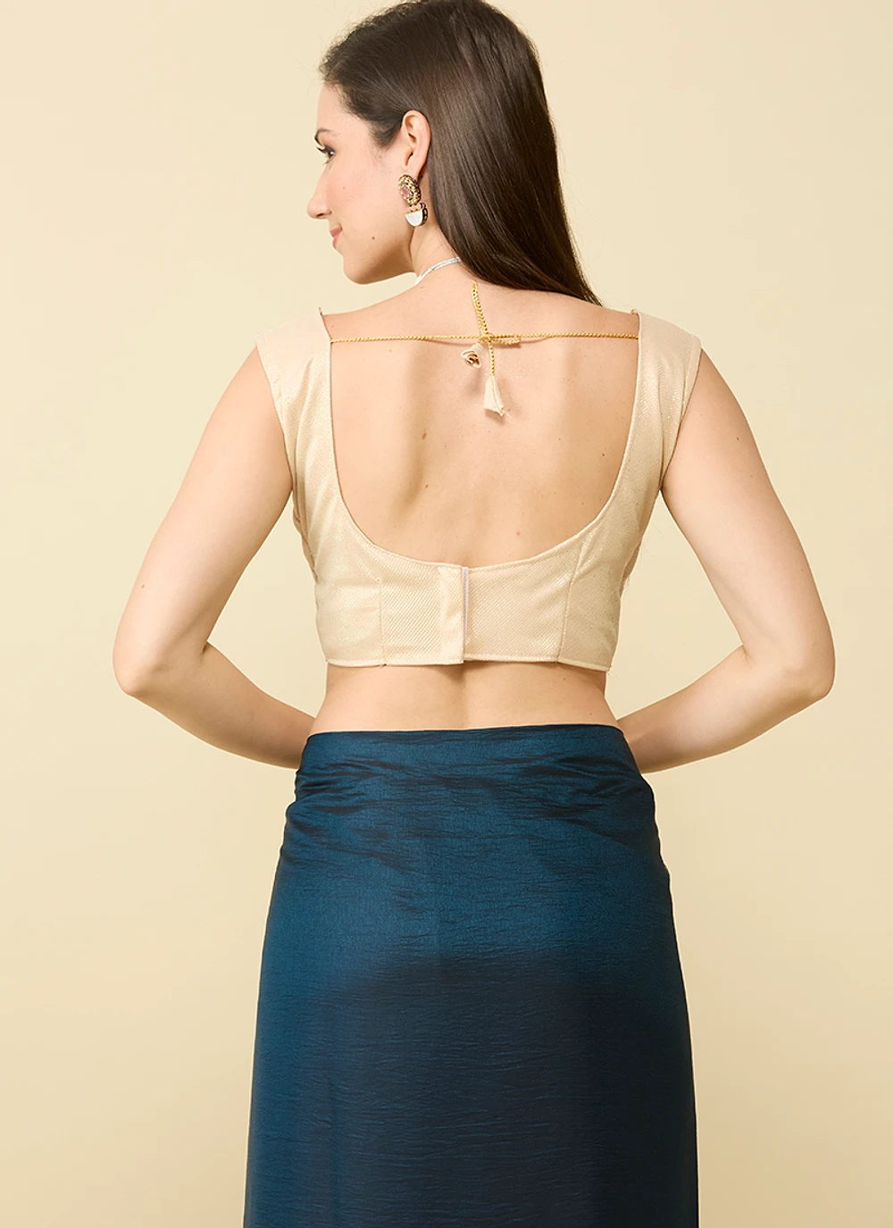 Deep Blue satin silk saree and unstitched blouse piece — view 4