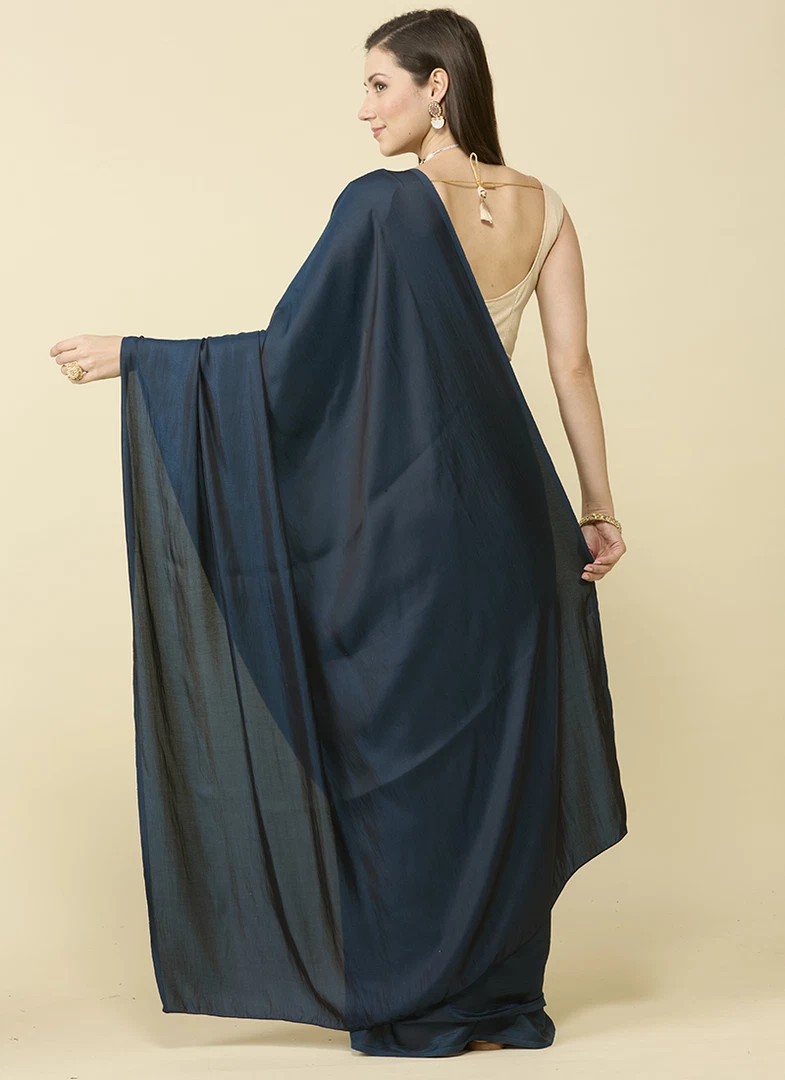 Deep Blue satin silk saree and unstitched blouse piece