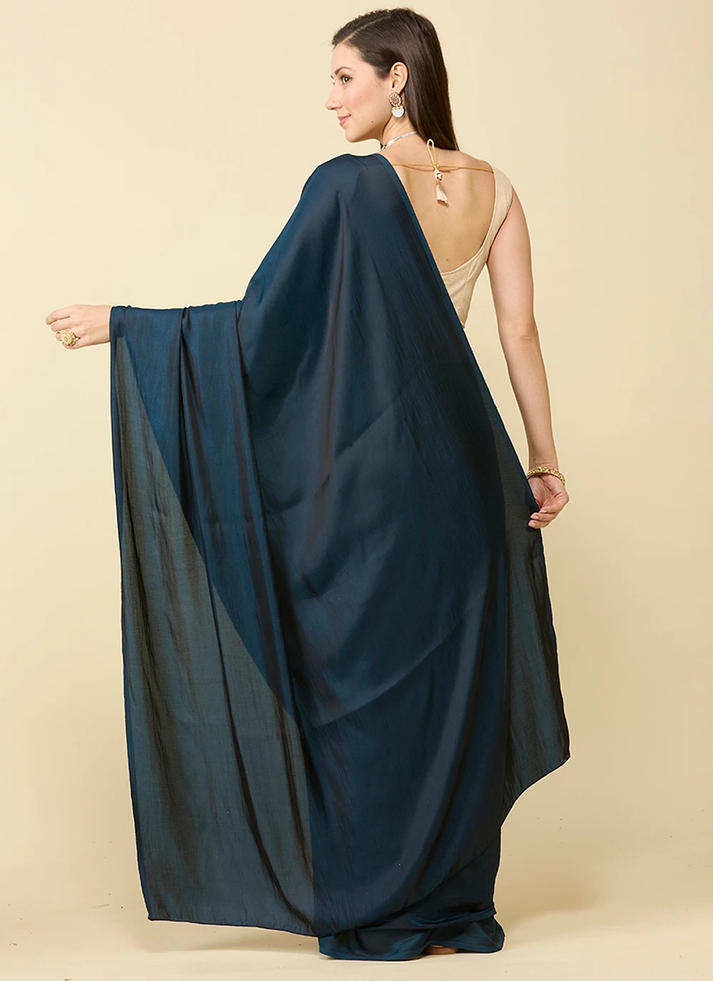 Deep Blue satin silk saree and unstitched blouse piece — view 5