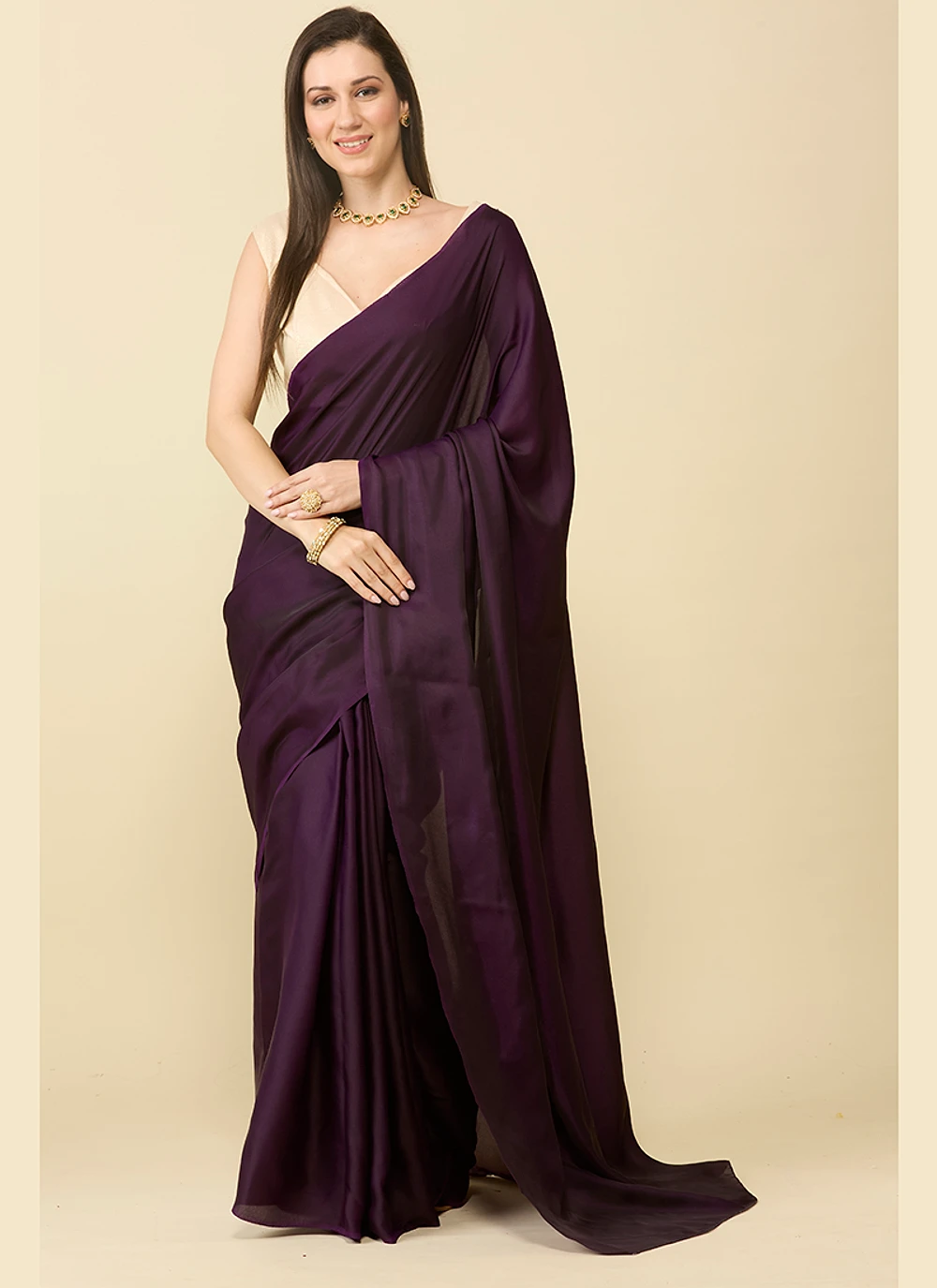 Wine satin silk saree and unstitched blouse piece — view 1