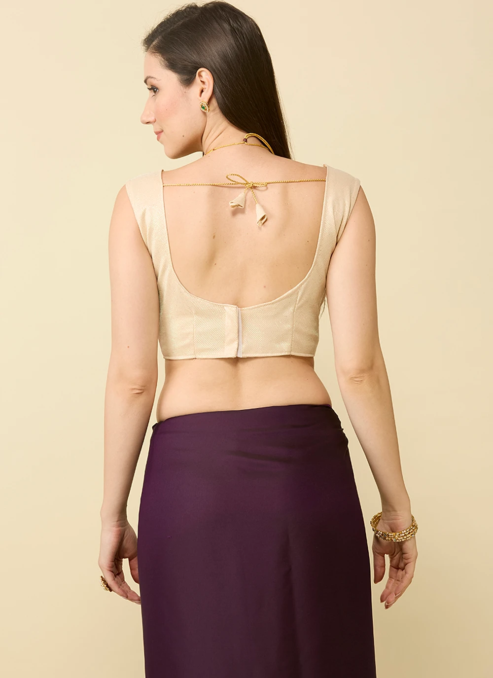 Wine satin silk saree and unstitched blouse piece — view 5