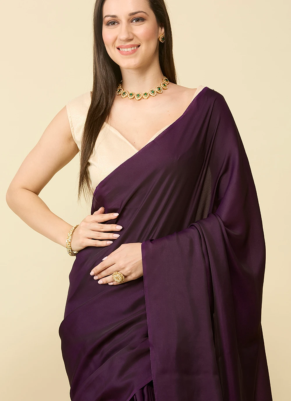 Wine satin silk saree and unstitched blouse piece — view 3