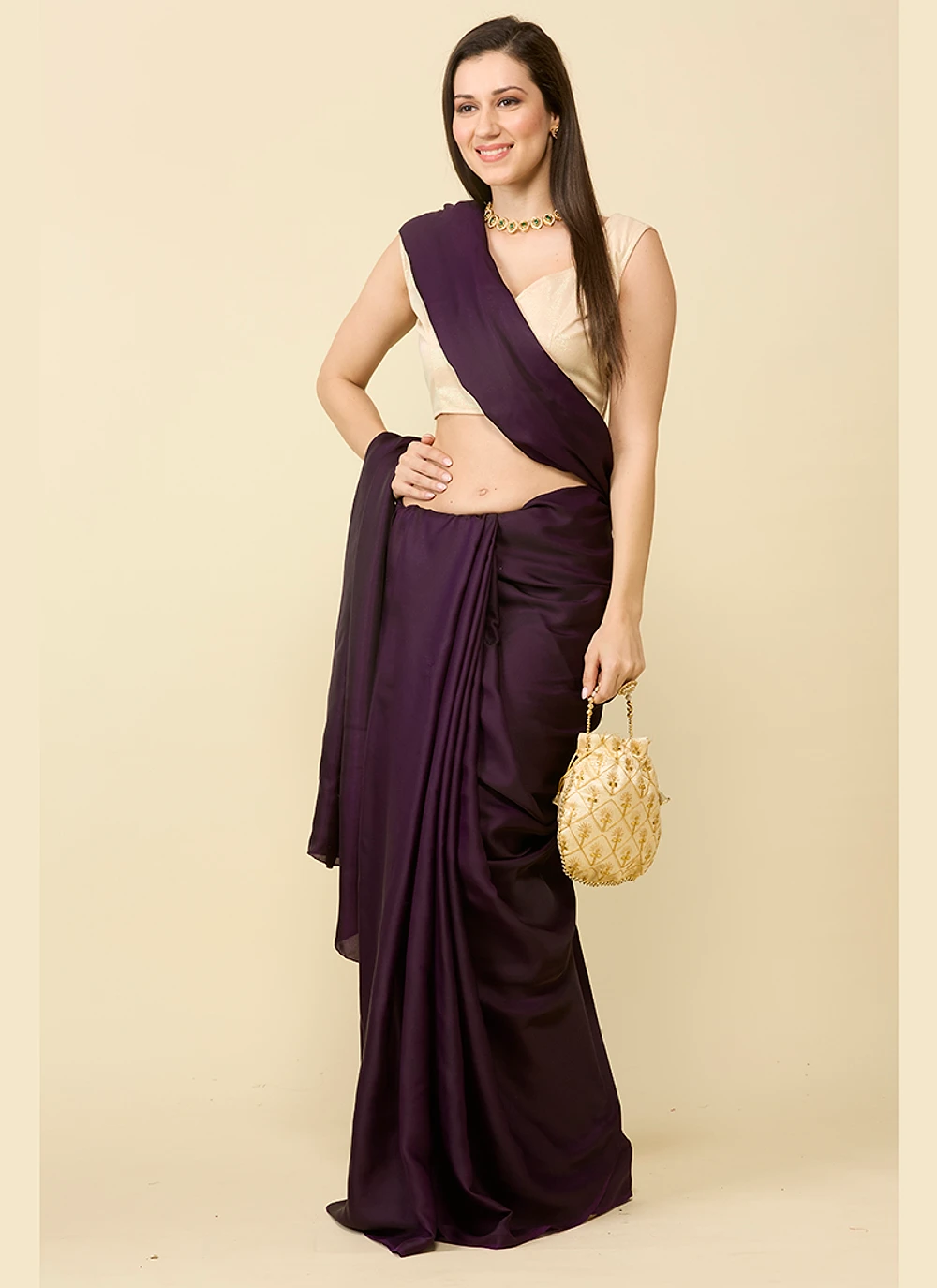 Wine satin silk saree and unstitched blouse piece — view 2