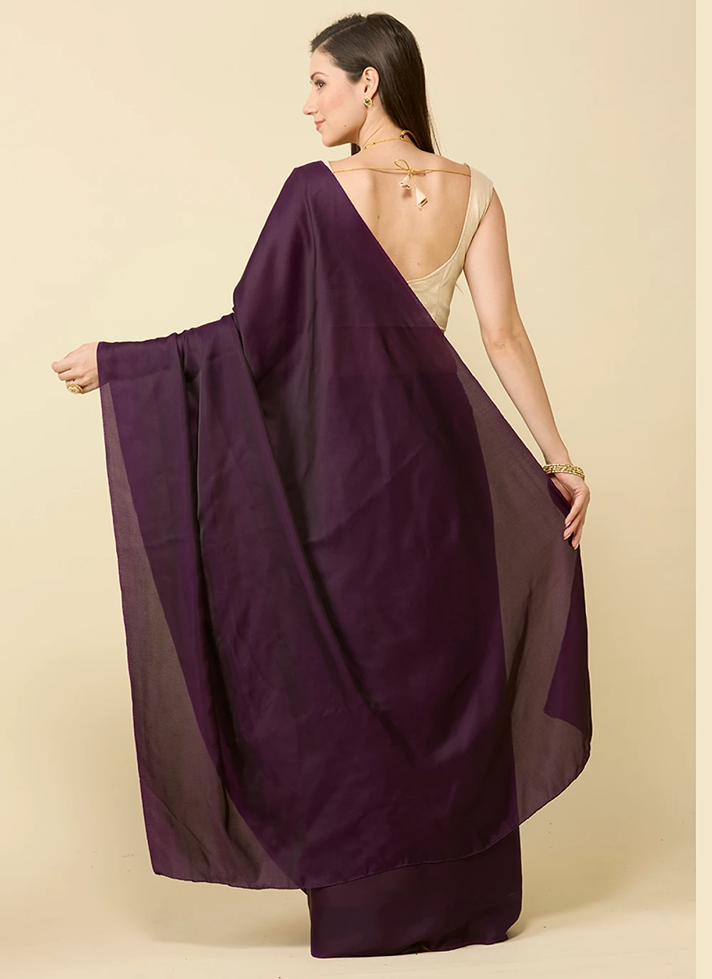 Wine satin silk saree and unstitched blouse piece — view 6