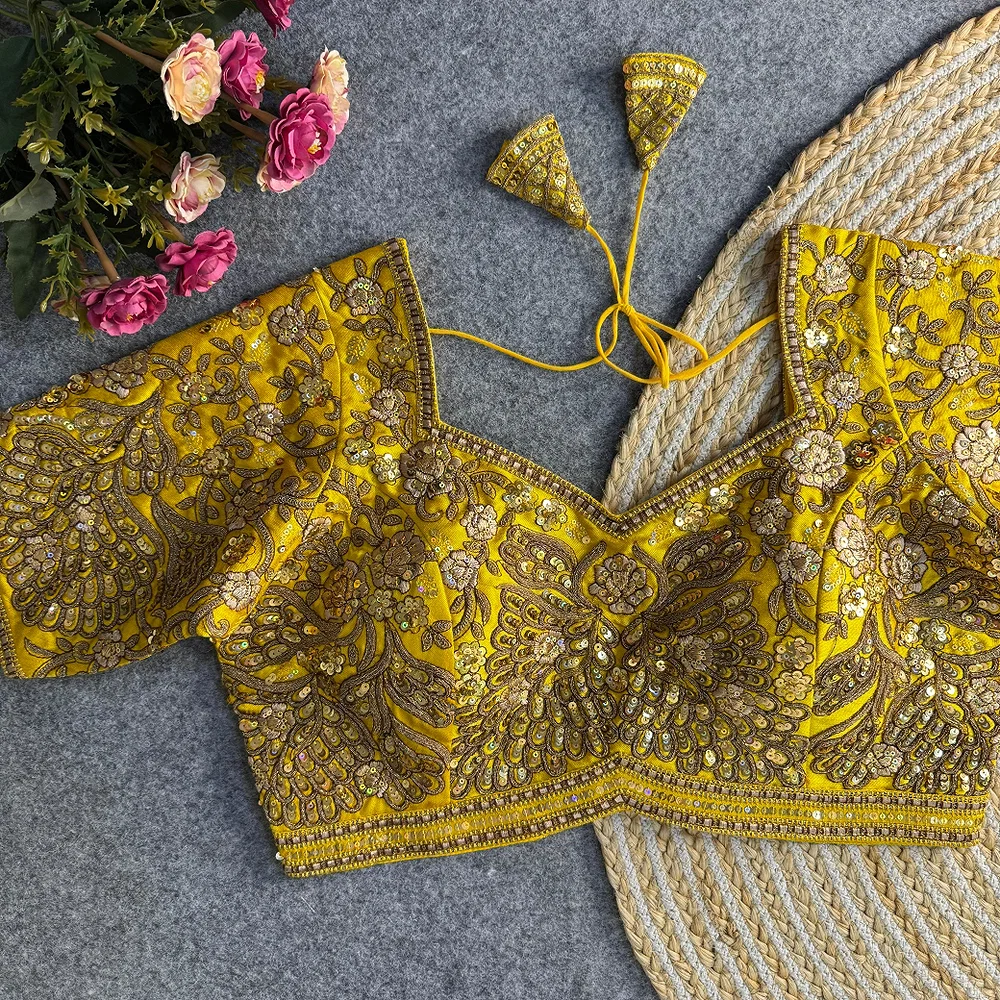 Yellow Heavy Codding & Sequin Bridal Blouse — view 1