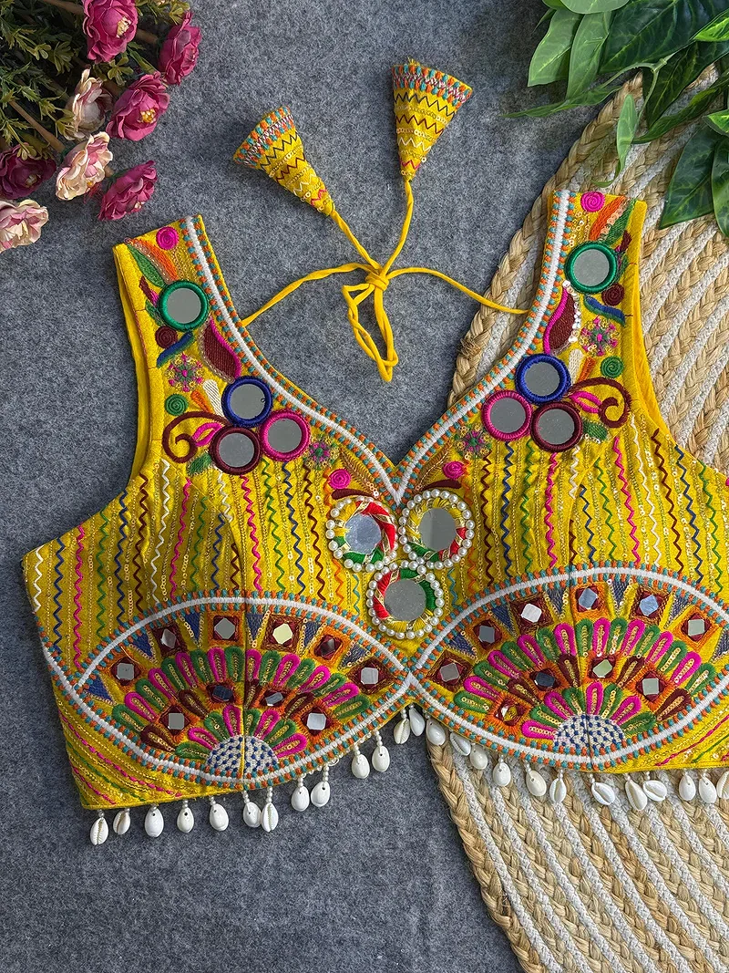 Yellow Traditional Mirror Work Designer Blouse — view 1