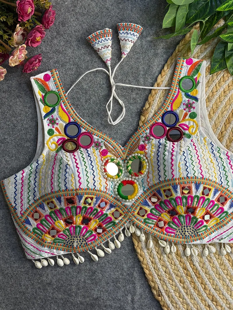 White Traditional Mirror Work Designer Blouse — view 1