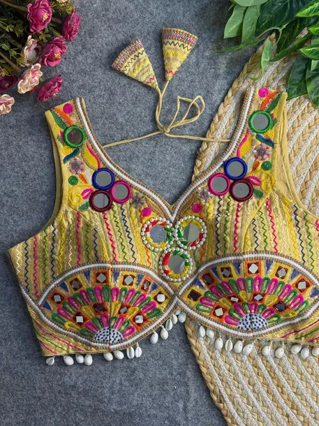 Lime Yellow Traditional Mirror Work Designer Blouse