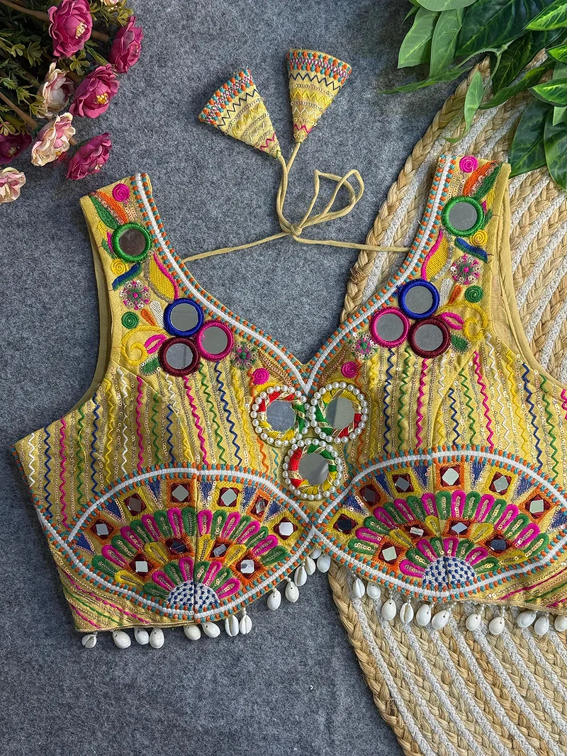 Lime Yellow Traditional Mirror Work Designer Blouse — view 1