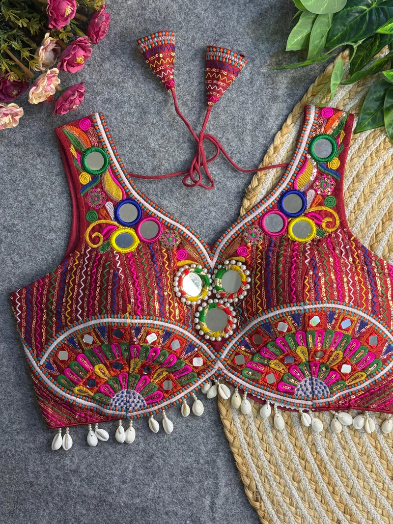 Maroon Traditional Mirror Work Designer Blouse