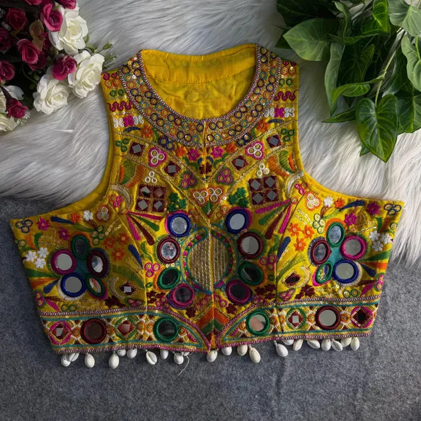 Yellow Sleeveless Navratri Mirror Work Front-Open Blouse